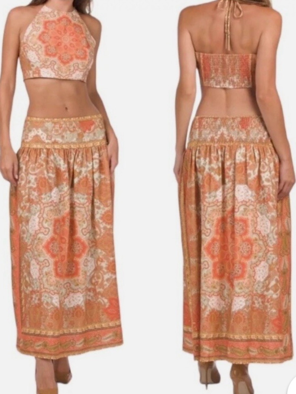 House of Harlow 1960 Orange Paisley Maxi Skirt and Halter Top Set